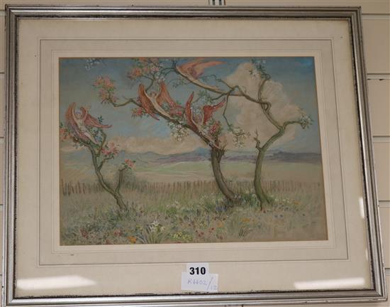 Estelle Canziani (1887-1964), watercolour and crayon, Fairies in blossoming trees, inscribed verso, 28 x 38cm